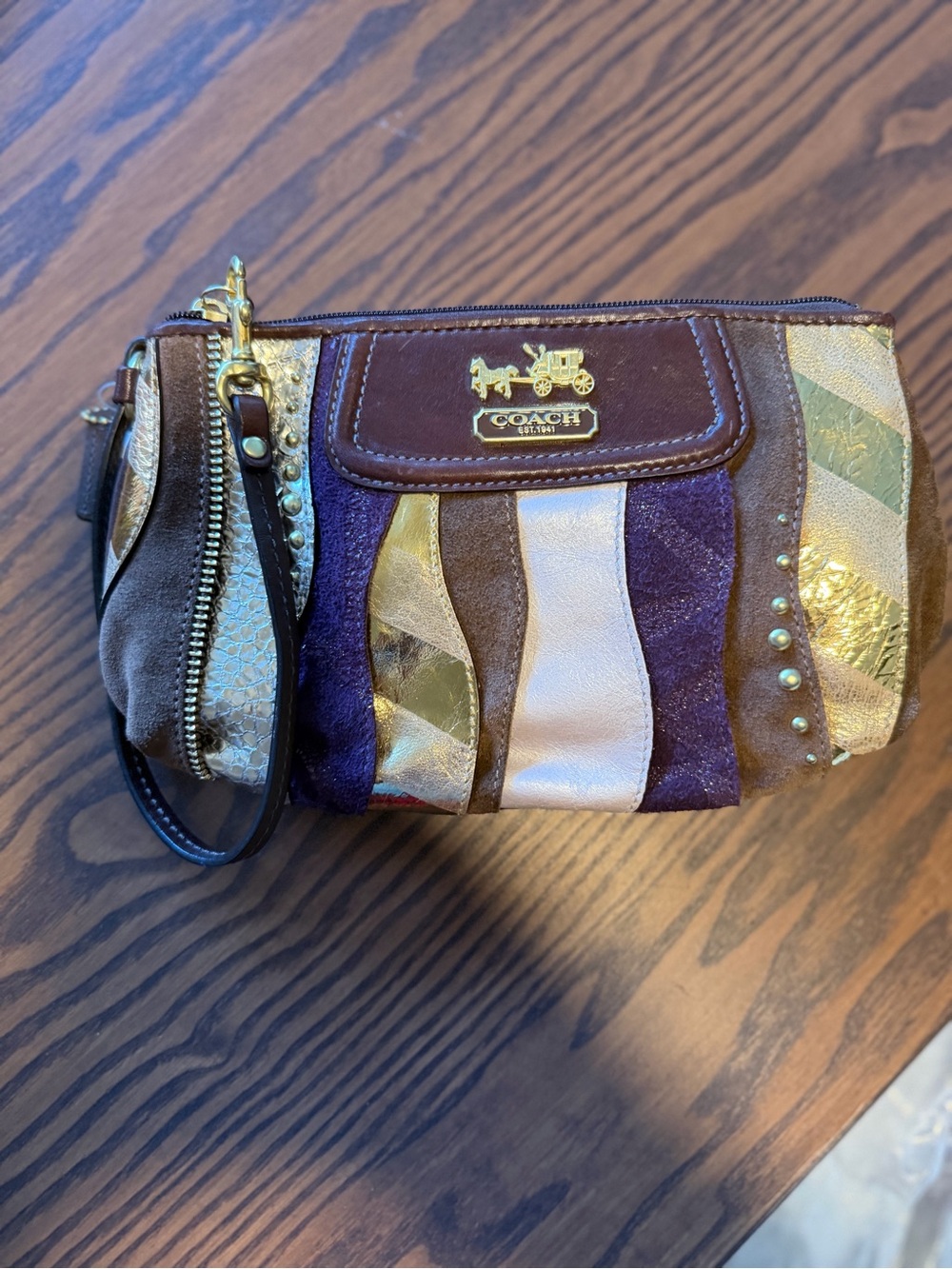 Coach Patchwork Wristlet in Purple, Gold, Cream & Brown